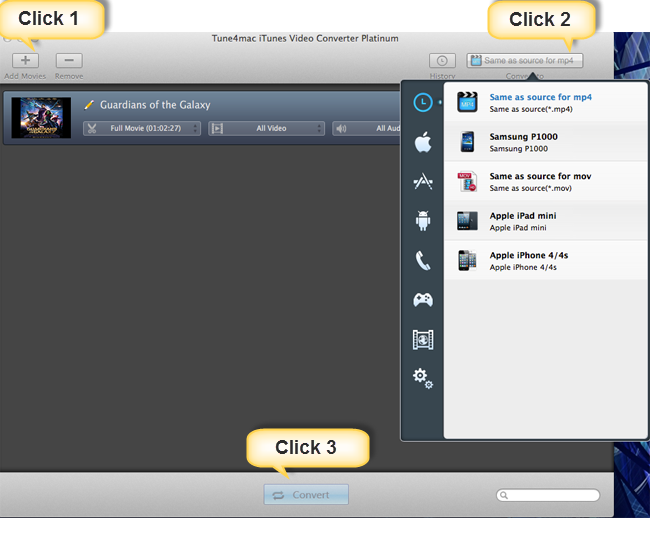 3 clicks on Tune4mac iTunes Video Converter let you convert M4V Guardians of the Galaxy to MP4.